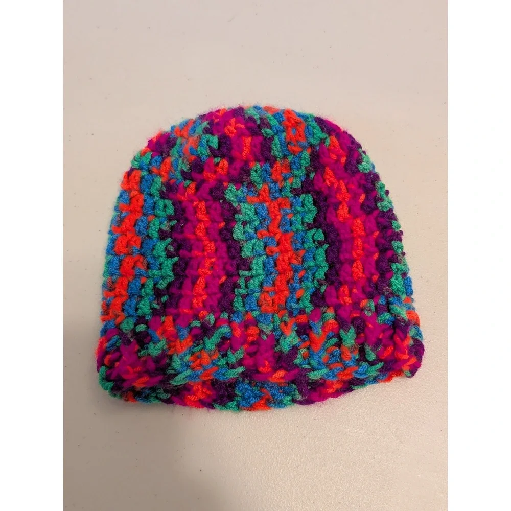 Handmade Crochet Beanie Kids Multi Color Neon Pink Purple Blue‎ Striped Knit Hat